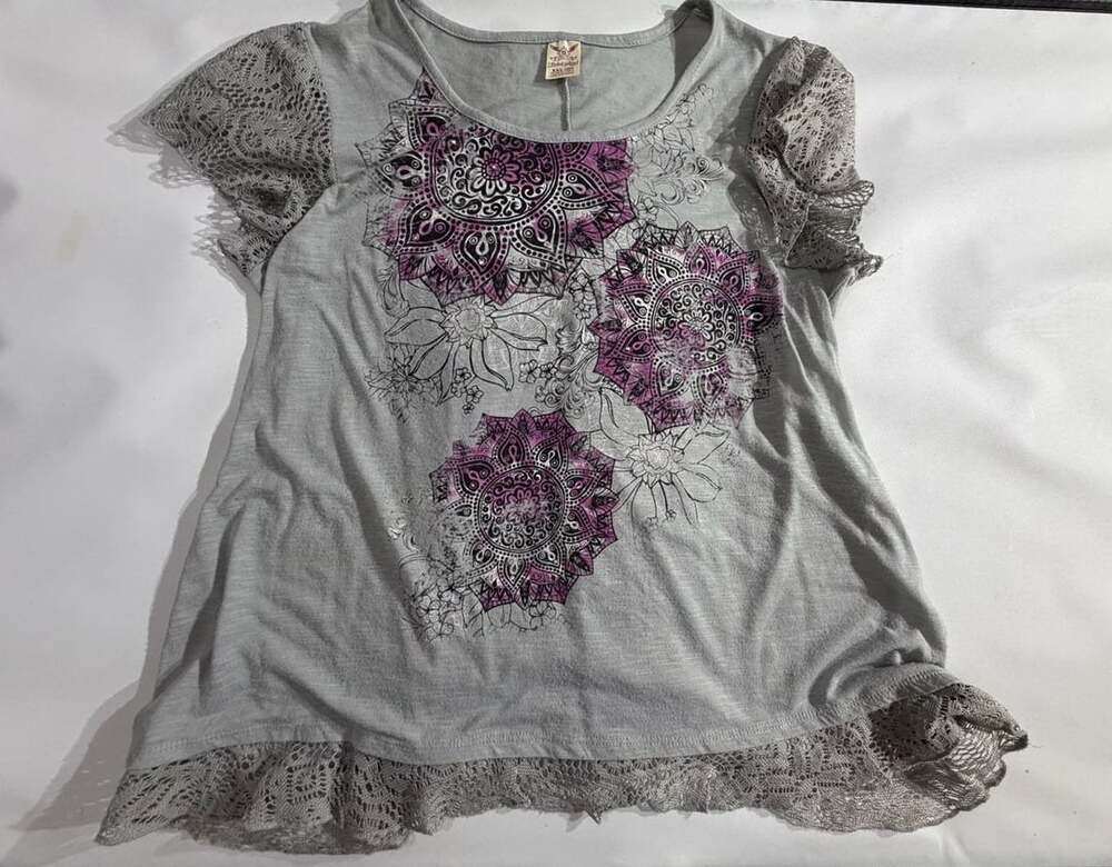 Faded Glory Womens Grey Mandala Lace Trim Short Sleeve Top Size XXL